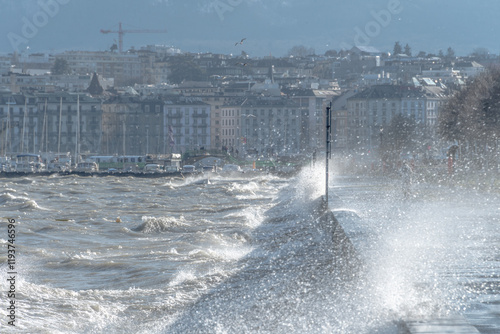 Grosse bise hivernale sur les quai de Genève