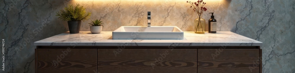 Fototapeta premium Sleek bathroom vanity with marble top under dimmable overhead light, bathroom, minimalist, modern lighting