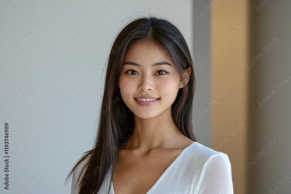 Confident Asian Woman with a Straight Face in Casual Attire, Showcasing Natural Beauty and Clean Style Confident Asian Woman with a Straight Face in Casual Attire, Showcasing Natural Beauty and Clean Style