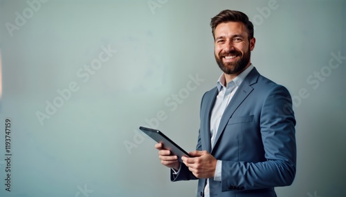 Confident man in suit holds tablet. Smiling pro agent stands against light background. Business person, tech savvy insurance sales person. Modern office worker. Commercial, company, personal photo. photo