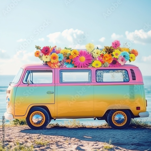 Bunter Hippie-Bus am Strand – Sommer, Freiheit und Blumenpracht photo