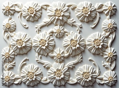 Ornate white flowers in detailed plaster pattern adorn gypsum ceiling sheet. Seamless decorative floral pattern on white background. Classic, elegant design creates luxurious look. Intricate carvings photo