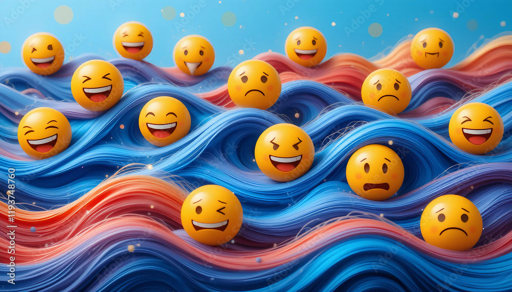 Naklejka premium Vibrant and playful 3d rendering showcases a variety of emojis surfing on colorful, undulating waves, representing a spectrum of human emotions.