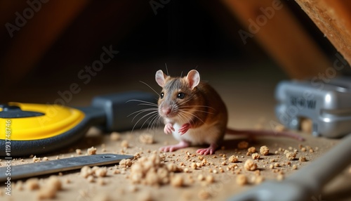 Close-up view of rat droppings, exterminator tools in attic. Rodent visible. Tools, traps positioned for infestation treatment. Rat control, hygiene evident. Prevention of damage, removal key aspects