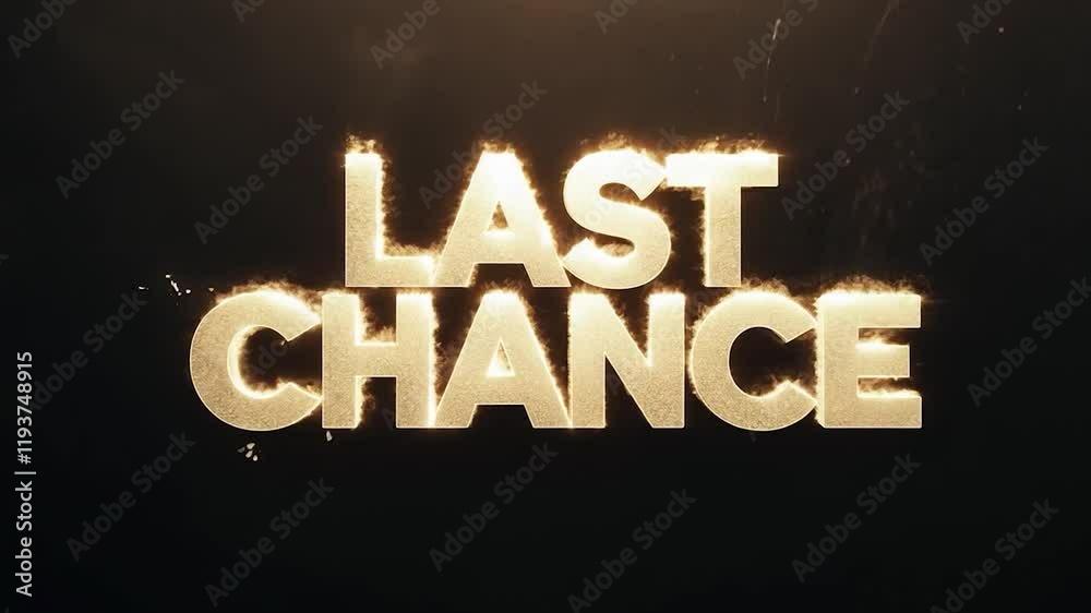 Luxurious golden three-dimensional text gradually disintegrating into sparkling particles against deep black background, symbolizing urgent final opportunity and dramatic marketing message