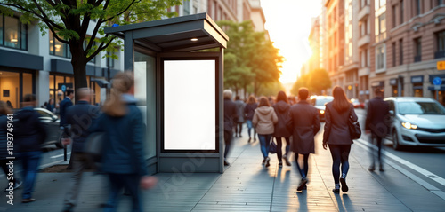 Urban scene shows bus stop mock-up with blank advertisement board. Busy city street bustling with commuters. People walk in directions on sidewalk. Sunlight casts shadows on pavement. Outdoor shot.