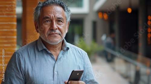 A senior man with curly gray hair and a relaxed smile is holding a smartphone indoors, dressed casually, embodying wisdom and the intersection of technology and age. photo