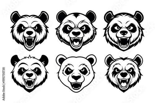 set of angry panda head logo icon, vector illustration on white background