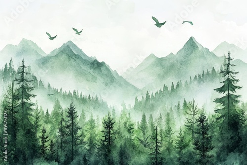 Mountain landscape illustration in watercolor, created by AI