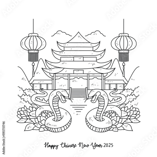 Simple sketch vector drawing concept of Traditional Chinese New Year 2025 Line Art with Pagoda, Twin Snakes, and Lotus Flowers - Year of the Snake Oriental Temple Illustration with Hanging Lanterns.