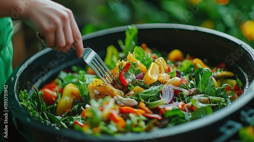 A close-up of hands mixing fresh, colorful vegetables in a large bowl highlights the preparation stage, with bright ingredients under clear lighting conditions. photo