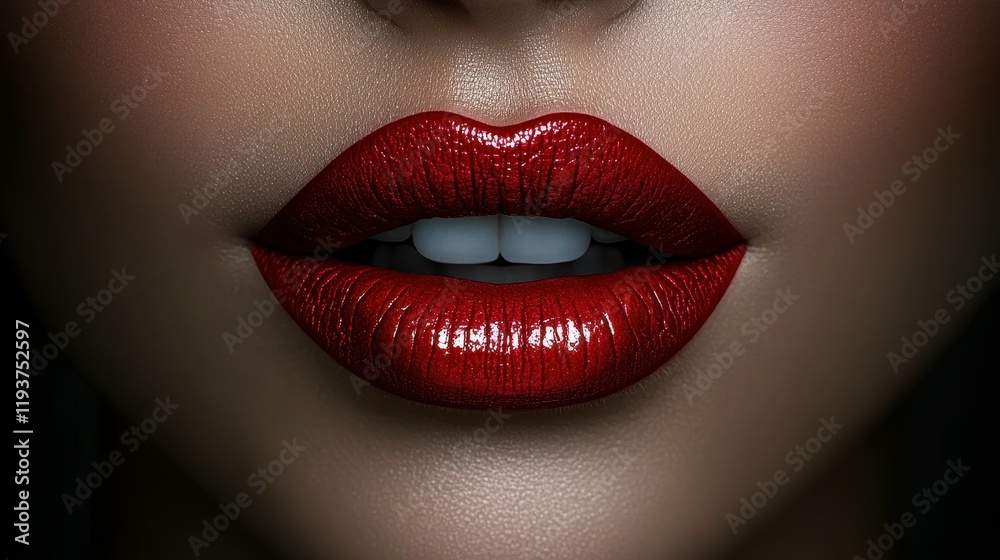 Fototapeta premium A woman's lips are painted red with glitter. Concept of glamour and sophistication