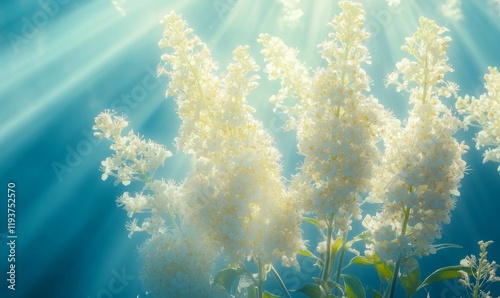 A bunch of white cervaria rivini flowers in a sunlight, illuminated, natural beauty, bright, sunbeams, daylight photo