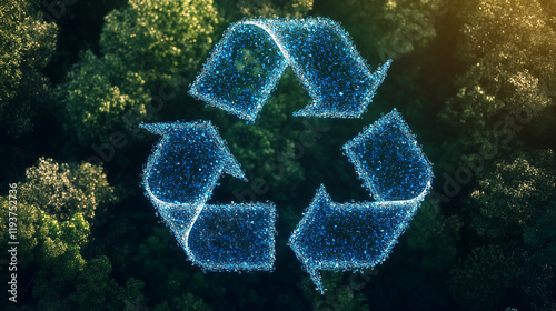 Circular economy icon in glittering blue particles, environmental sustainability