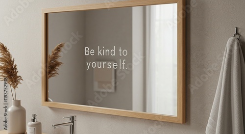 This image shows a bathroom mirror with the text Be kind to yourself reflected in it. 