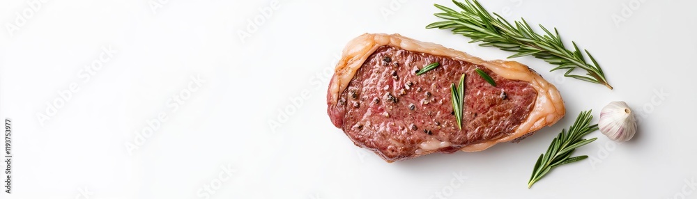 A ribeye steak with herbs, food styling element, top-down view, garnished with rosemary and garlic, isolated on white background A ribeye steak with herbs, food styling element, top-down view, garnished with rosemary and garlic, isolated on white background