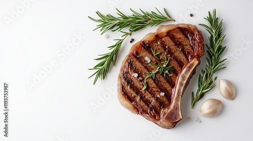 A ribeye steak with herbs, food styling element, top-down view, garnished with rosemary and garlic, isolated on white background