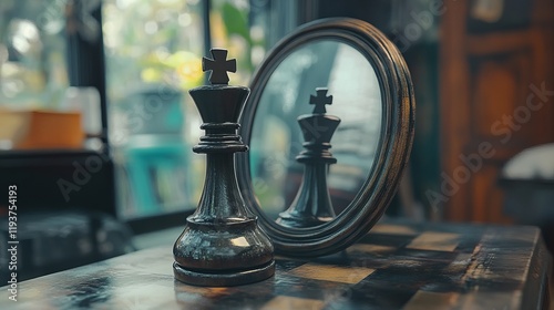 A black chess pawn gazes into a mirror and perceives its reflection as a queen, symbolizing ambition, growth, and self-belief in achieving greater potential
