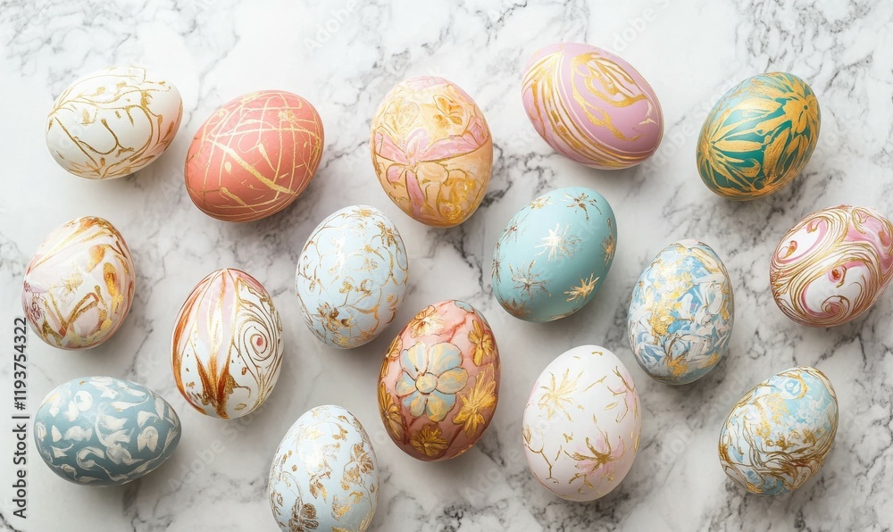 A collection of hand-painted Easter eggs in pastel hues and intricate designs on a marble table, easter eggs A collection of hand-painted Easter eggs in pastel hues and intricate designs on a marble table, easter eggs