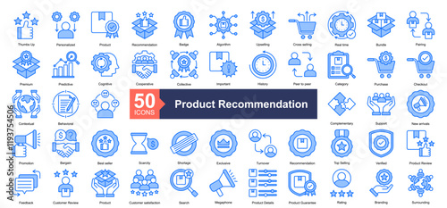 Product Recommendation Icon Collection Set.Containing Personalized, Product, Recommendation, Badge, Algorithm, Upselling, Cross selling, Real time icon. Simple blue style Vector Illustration.