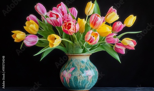 Wallpaper Mural A colorful bunch of fresh tulips rises from a simple elegant ceramic vase showcasing vibrant hues of pink and yellow Torontodigital.ca