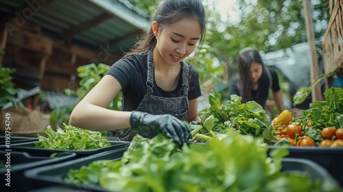 Focused and content, a woman tends to plants in trays, demonstrating careful nurturing and the simple joys found in growing one's own food in an urban setting. photo