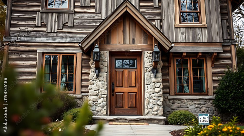 Rustic Log Cabin Home Exterior with Stone Accents and Charming Entrance. Beautiful architecture and landscaping design. Real Estate photography Rustic Log Cabin Home Exterior with Stone Accents and Charming Entrance. Beautiful architecture and landscaping design. Real Estate photography