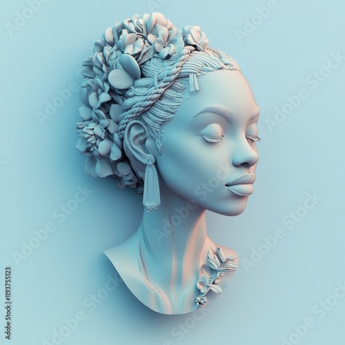Three-Dimensional Render of a Woman's Bust with Floral Adornments