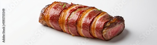 A ribeye steak wrapped in bacon, indulgent food styling, crispy bacon layer detail, isolated on white background