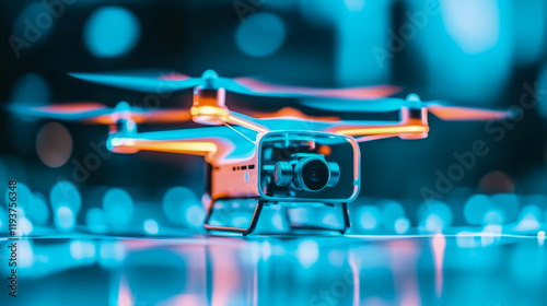 Futuristic Drone with Camera in Neon Light Setting photo