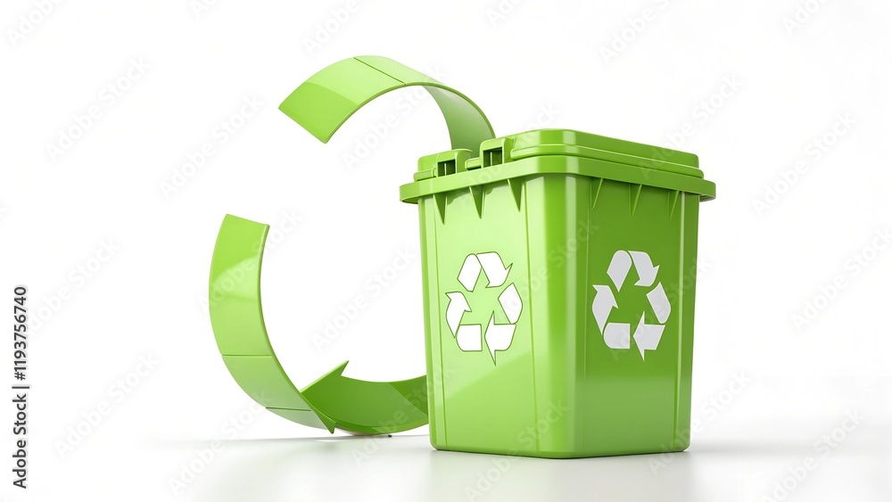 This image features a bright green recycling bin with a lid This image features a bright green recycling bin with a lid