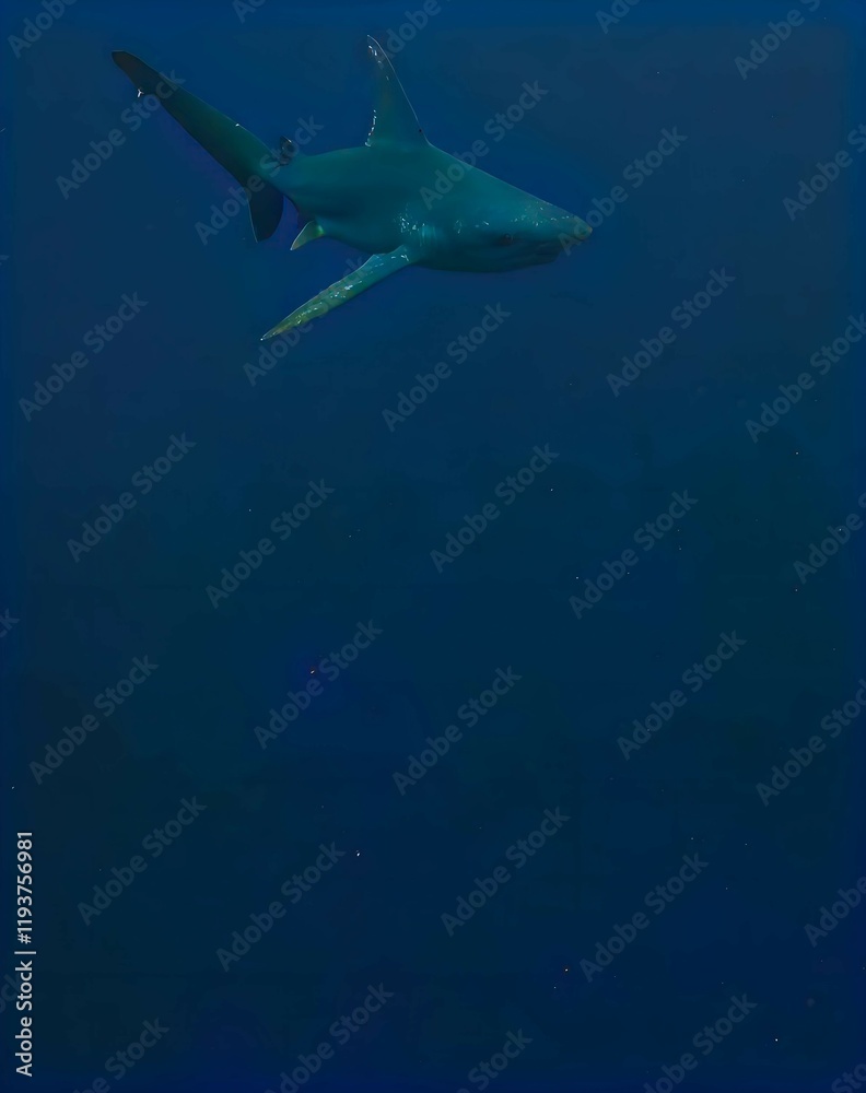 Obraz premium Solitary shark swimming through the dark blue depths of the ocean, revealing the serene beauty of marine life and underwater exploration.