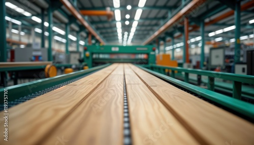 Wooden planks move on conveyor belt in factory. Manufacturing process of laminate flooring parquet. Industrial interior with machinery. Natural wood grain visible on surface. Light, focused on wood