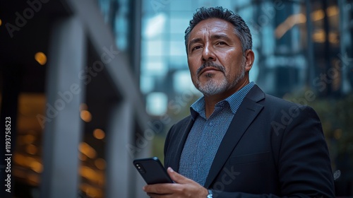 A businessman in a dark suit stands confidently holding a mobile device with skyscrapers in the background, symbolizing modern corporate success and ambition. photo