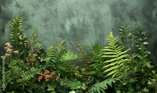 A lush greenery arrangement with ferns and wildflowers, grungy background, ferns