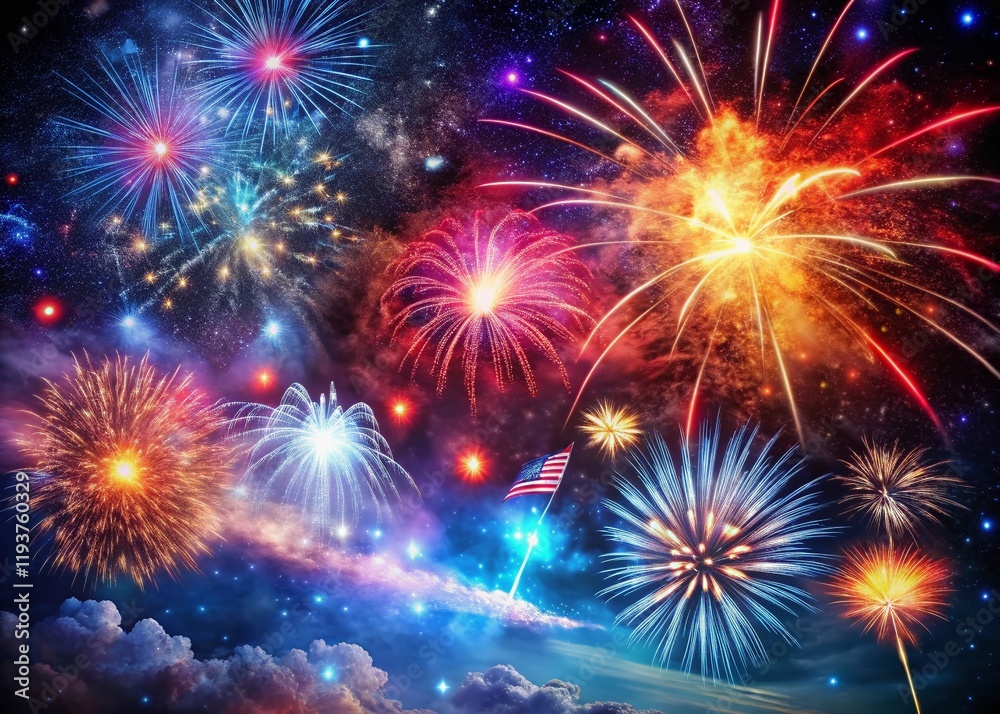 Fototapeta premium Surreal 4th of July Fireworks Galaxy: Festive Space Background with Message Area