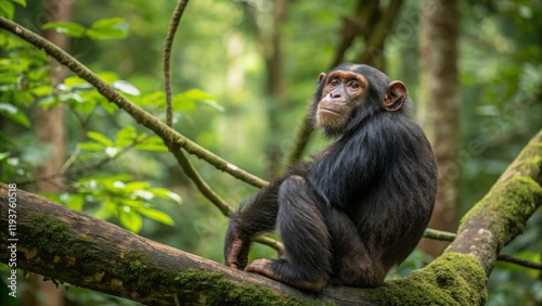 Chimpanzee observing surroundings tropical rainforest wildlife photography lush green environment close-up view natural behavior photo