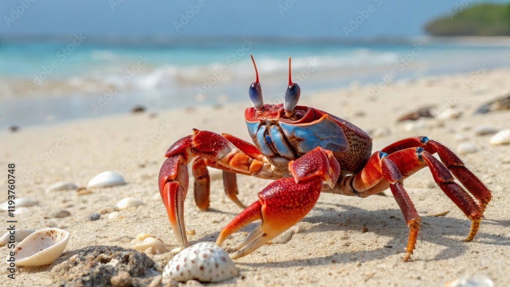 Vibrant crab displaying colors on tropical beach nature photography coastal environment close-up view Vibrant crab displaying colors on tropical beach nature photography coastal environment close-up view