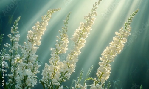 A bunch of white cervaria rivini flowers in a sunlight, illuminated, natural beauty, bright, sunbeams, daylight photo