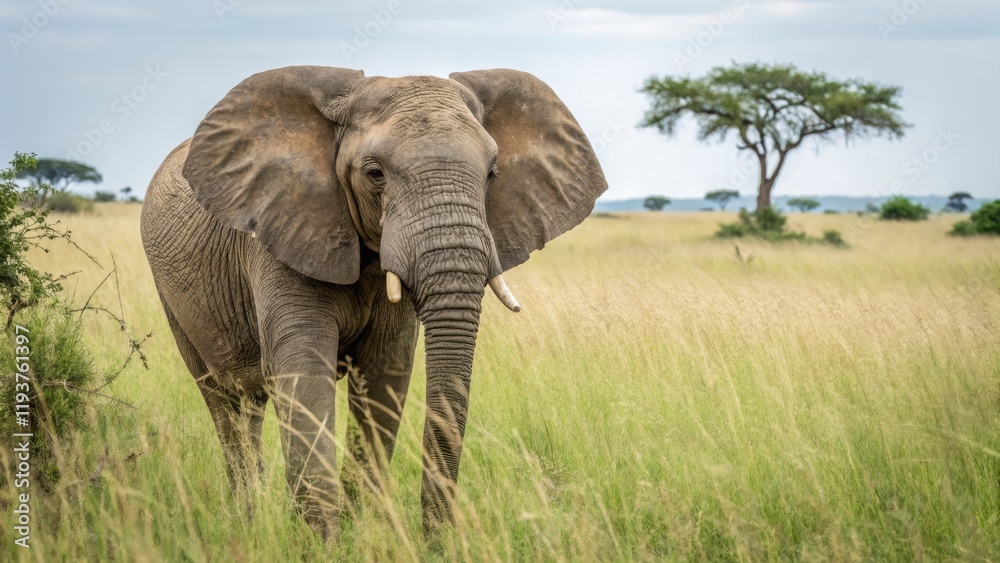 Fototapeta premium Elephant grazes in the serengeti wildlife photography natural habitat outdoor scene close-up view conservation awareness