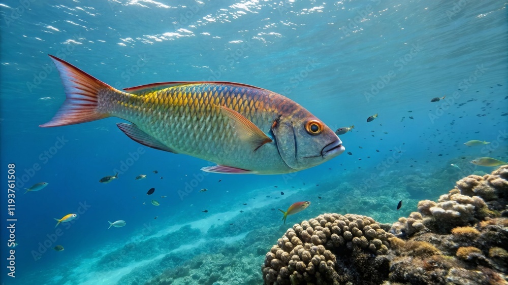 Naklejka premium Underwater exploration vibrant fish species coral reef marine life ocean environment close-up view wildlife conservation