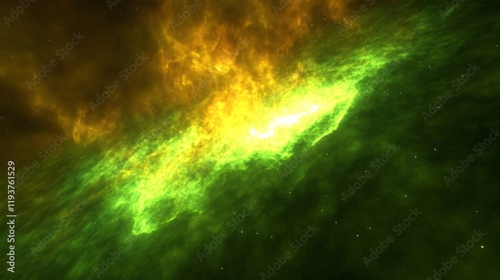 Fototapeta premium Vibrant Green and Gold Nebula Cosmic Cloudscape