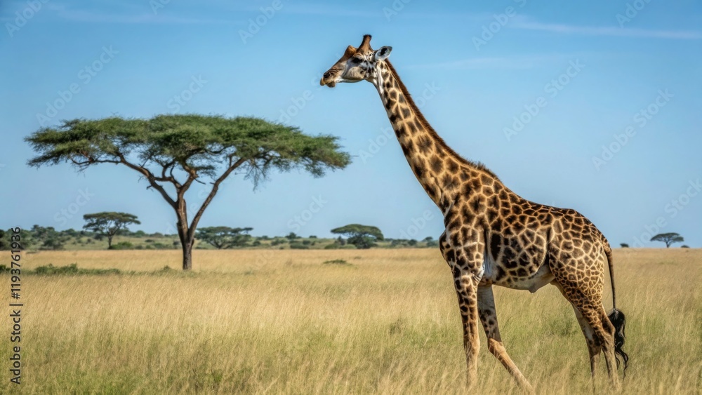Obraz premium Giraffe walking gracefully under acacia tree in serengeti national park wildlife photography natural habitat wide angle