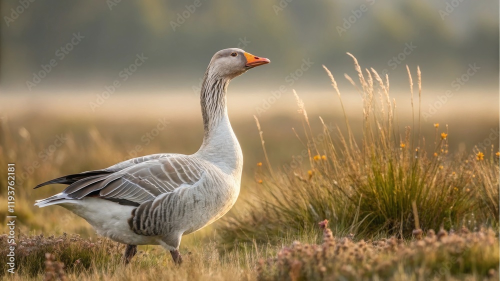 Graceful goose walks through meadow at dawn captured in nature photography tranquil outdoor scene