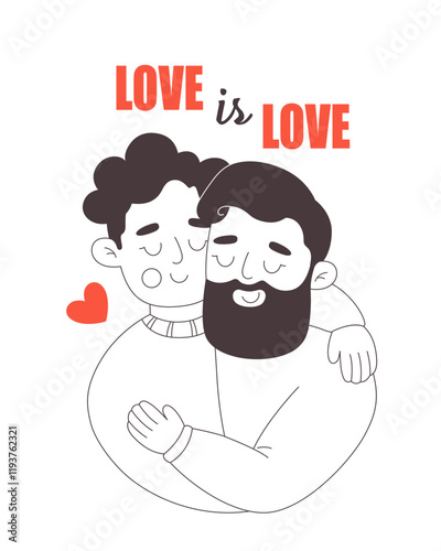 Cute happy gay couple hugging. Love is Love. Happy Valentines Day. LGBT, Pride community. Vector doodle illustration, hand drawn design