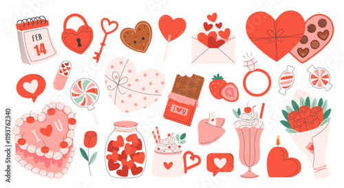 Cute Valentines day stickers set. Coquette cake, hearts, love letter, gifts, floral bouquet, ring, candles. Vector illustration in flat style