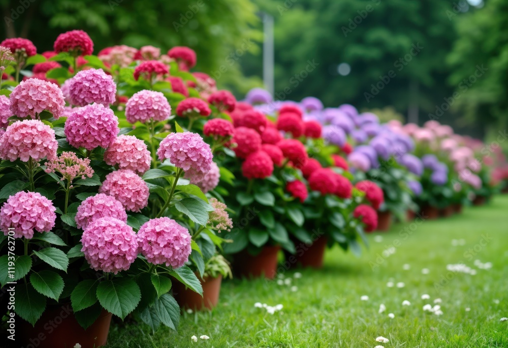 Colorful hydrangea bushes in park. Many vibrant flowers bloom in row. Pink, red flowers in front violet, lilac flowers in background. Variety of hydrangeas. Rich green leaves surround flowers. Garden Colorful hydrangea bushes in park. Many vibrant flowers bloom in row. Pink, red flowers in front violet, lilac flowers in background. Variety of hydrangeas. Rich green leaves surround flowers. Garden
