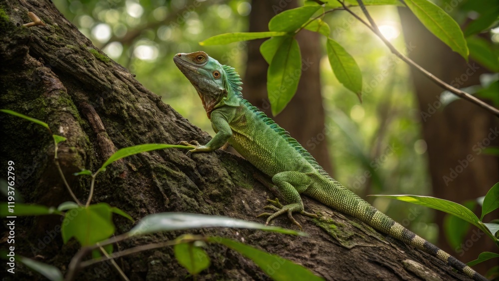 Lizard climbing tree tropical forest wildlife photography natural setting close-up biodiversity exploration Lizard climbing tree tropical forest wildlife photography natural setting close-up biodiversity exploration