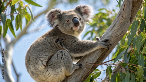 Koala climbing tree australian forest wildlife photography natural habitat close-up conservation awareness