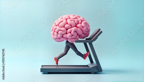 Brain jogging on treadmill. Creative mental exercise concept. Healthy brain activity. Modern lifestyle for strong cognitive functions. Personified brain working out. Fitness design. Mental health